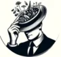 Stylized black-and-white illustration of a man in a suit, tipping his hat. The hat is filled with various plants and flowers, symbolizing a connection to nature or a mind blooming with natural ideas.