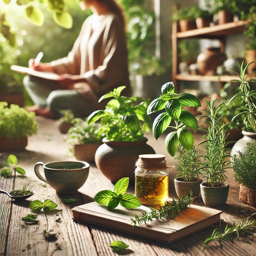 A serene, natural scene featuring a close-up of an herb garden with fresh herbs like basil, mint, and rosemary. In the background, a warm and inviting workspace is visible, where a person is writing in a notebook with a cup of herbal tea nearby. The setting is bright and peaceful, with sunlight filtering through leaves, emphasizing a connection between nature and thoughtful content creation.